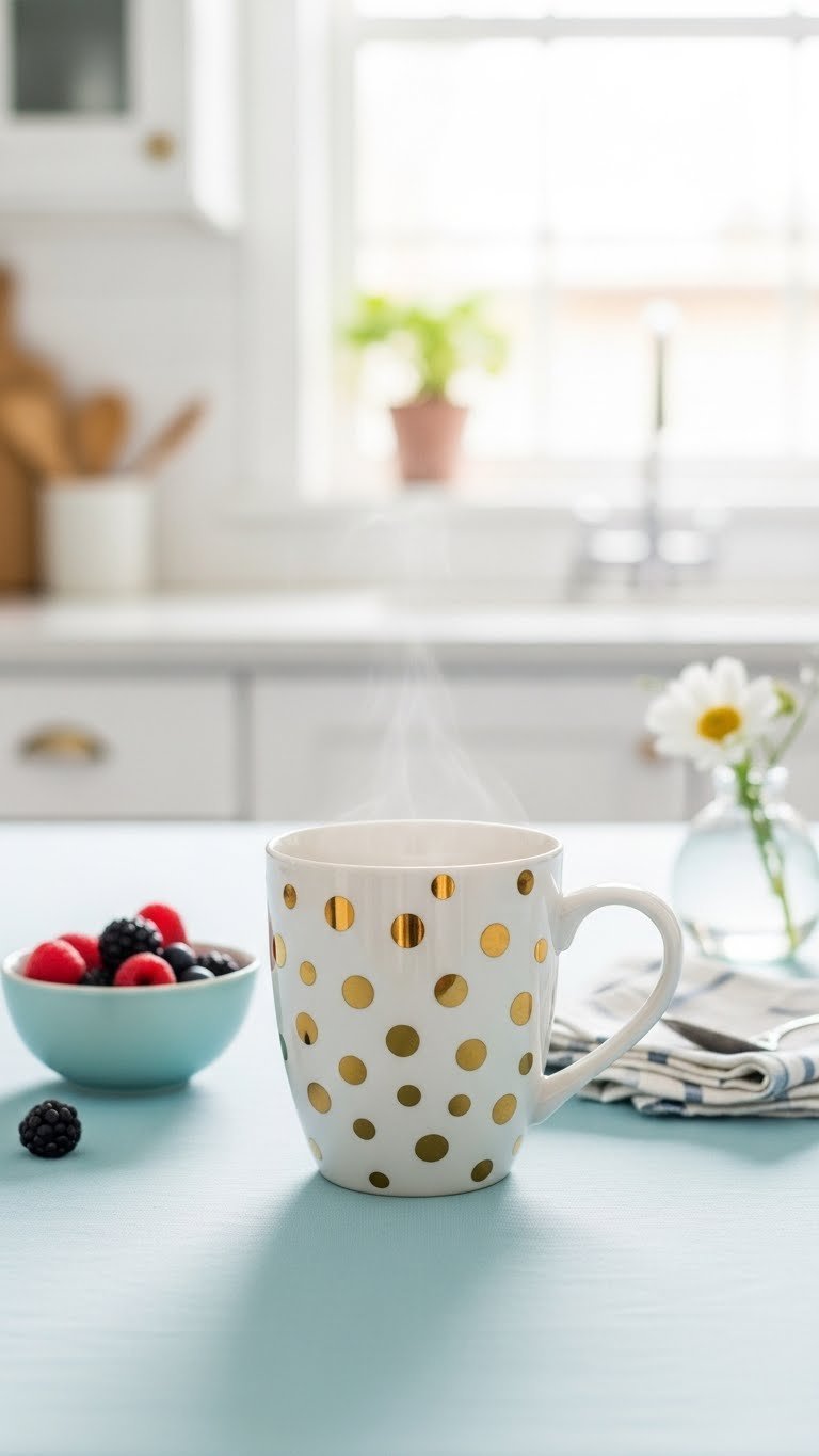 White ceramic mug with whimsical gold dot pattern on light blue tablecloth with colorful berries