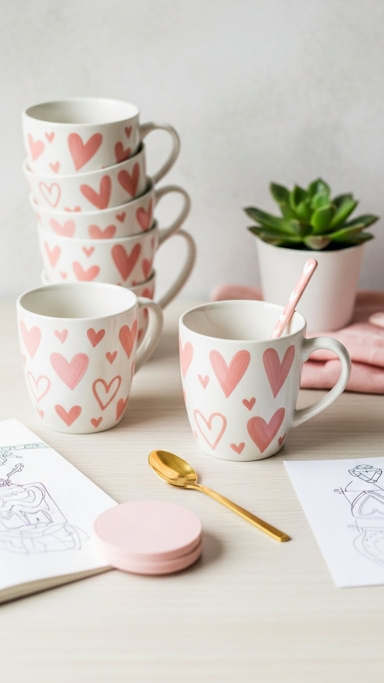 White ceramic mugs with blush pink hand-painted heart patterns arranged on light wooden desk with succulents.