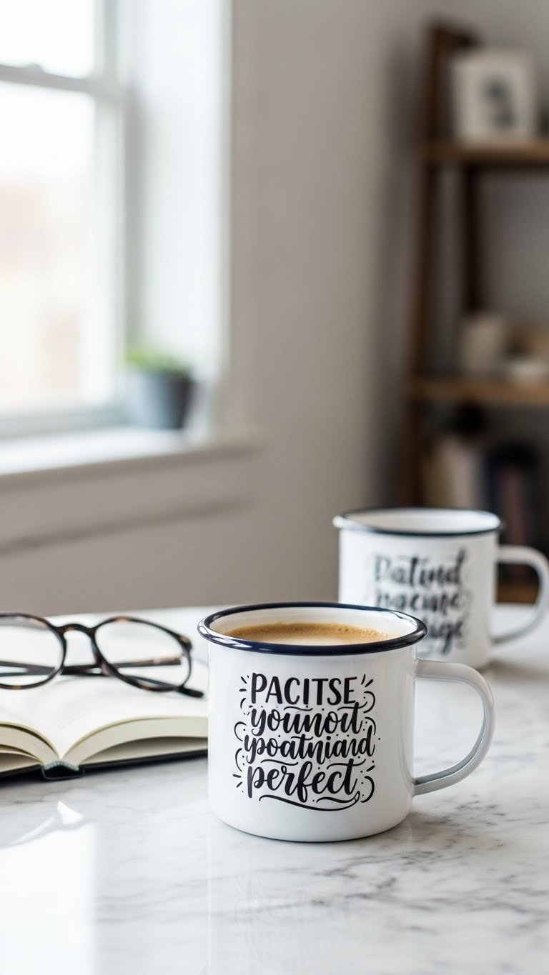White enamel mug with elegant hand-lettered motivational quote on marble countertop with journal and coffee cup