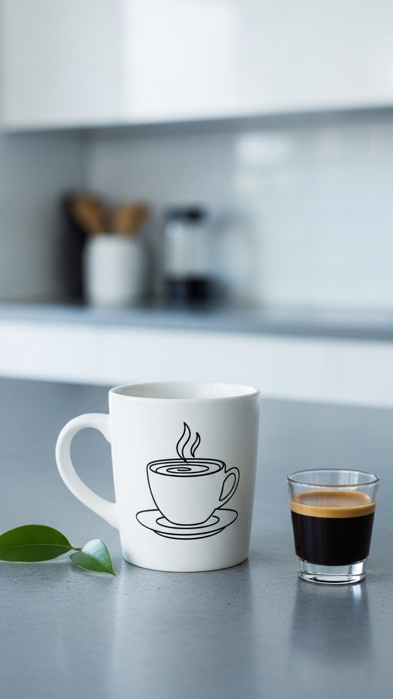 White mug with black line art coffee cup on polished concrete countertop, with espresso shot.