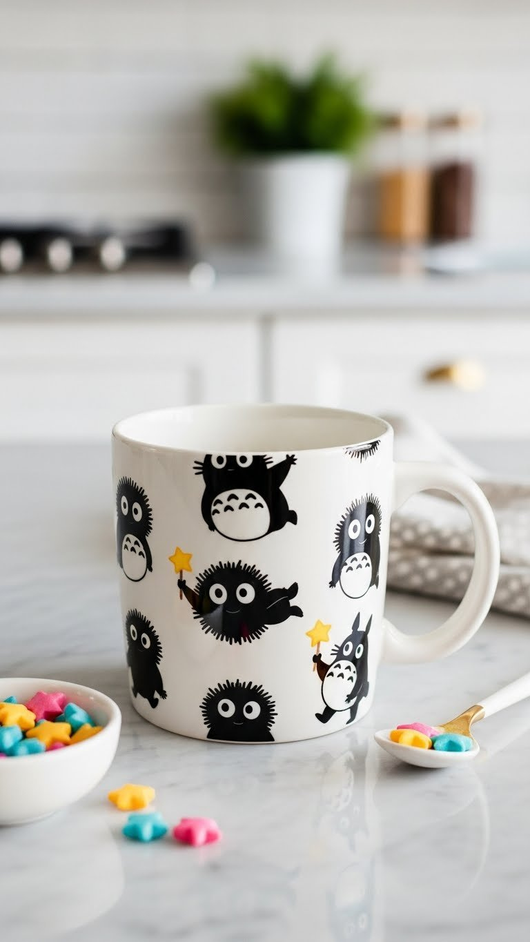 White mug with playful black Studio Ghibli Soot Sprites scattered across surface on marble countertop