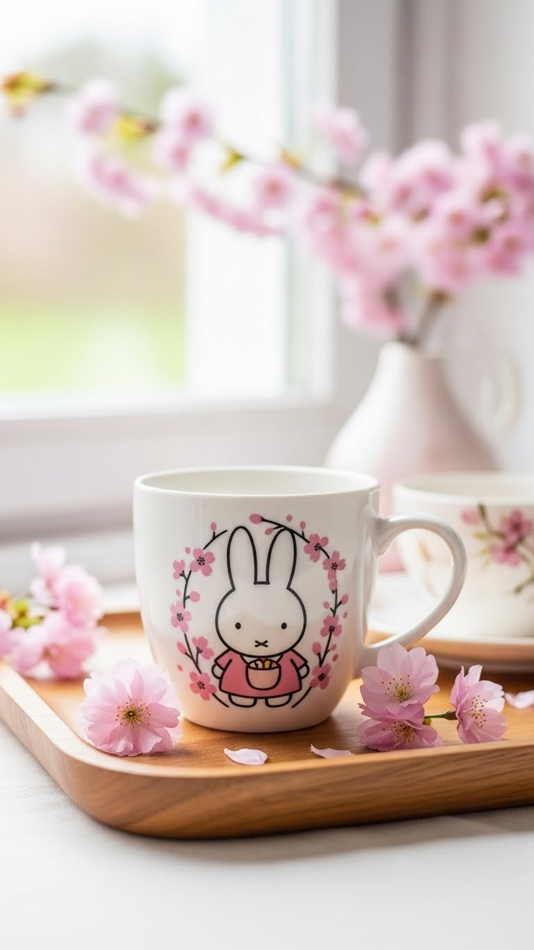 White porcelain Miffy mug with pink cherry blossom design on wooden tray surrounded by scattered sakura petals