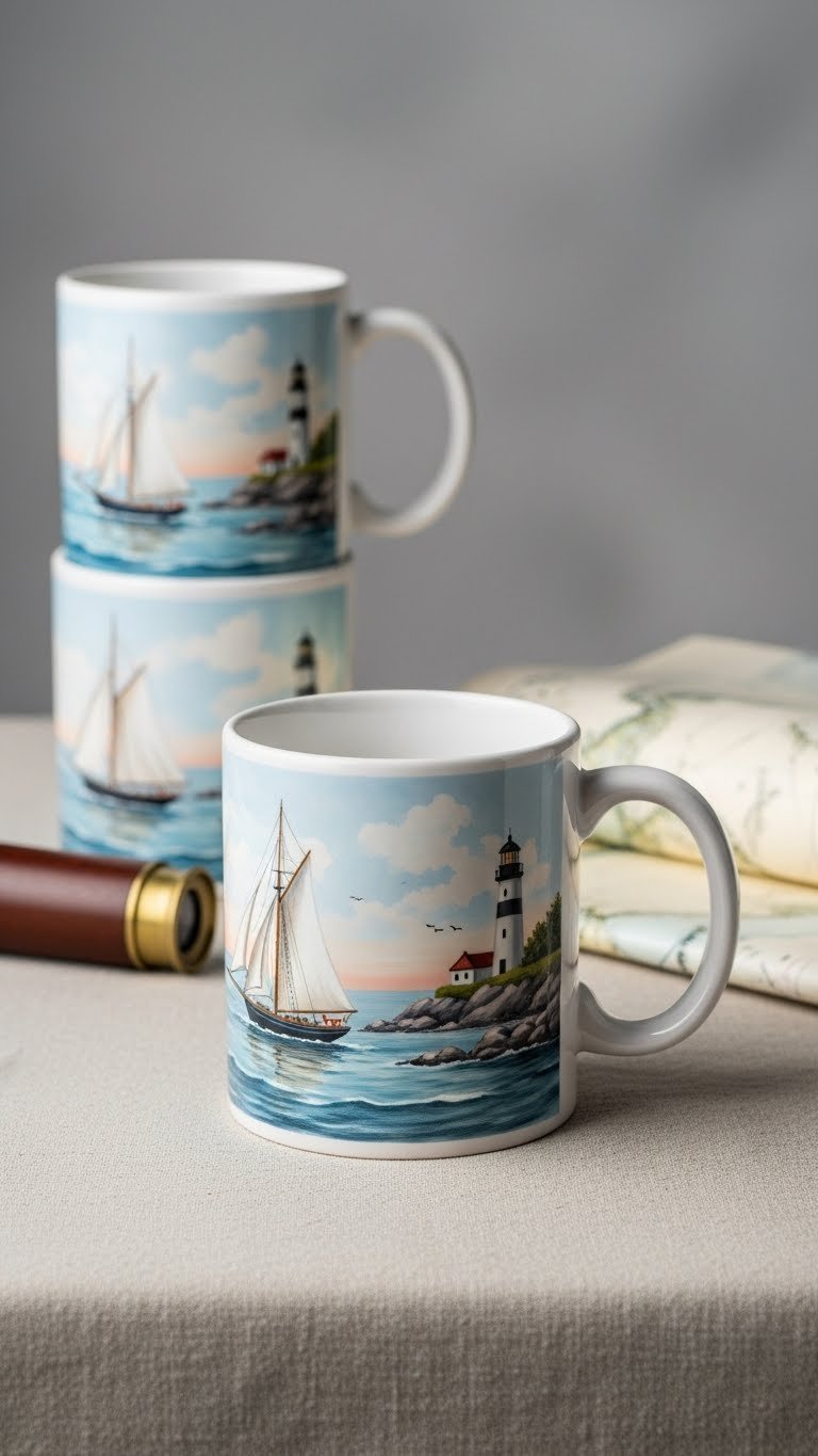 Wide-angle photograph of white ceramic mug with serene sailboat and lighthouse painted scene on linen tablecloth