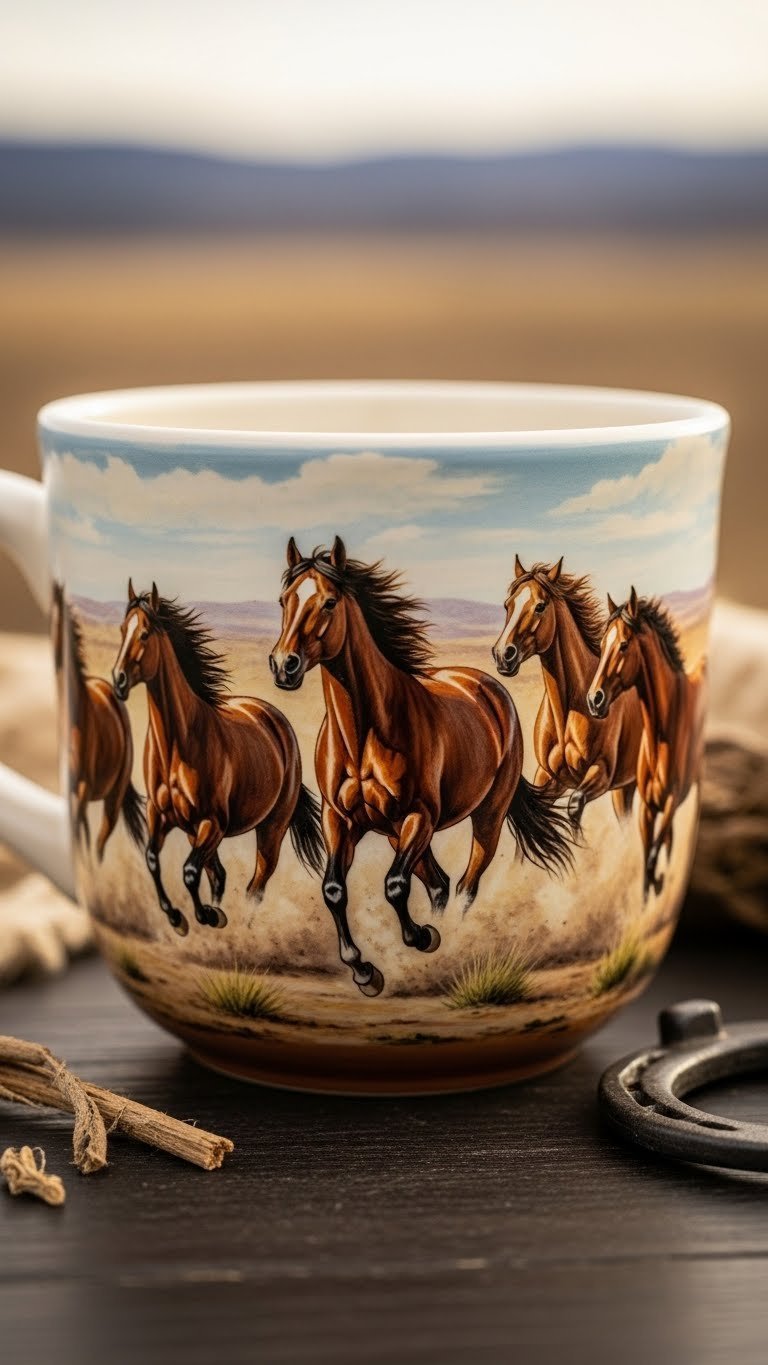 Wide ceramic mug depicting wild horses galloping across dusty plains with dramatic side lighting