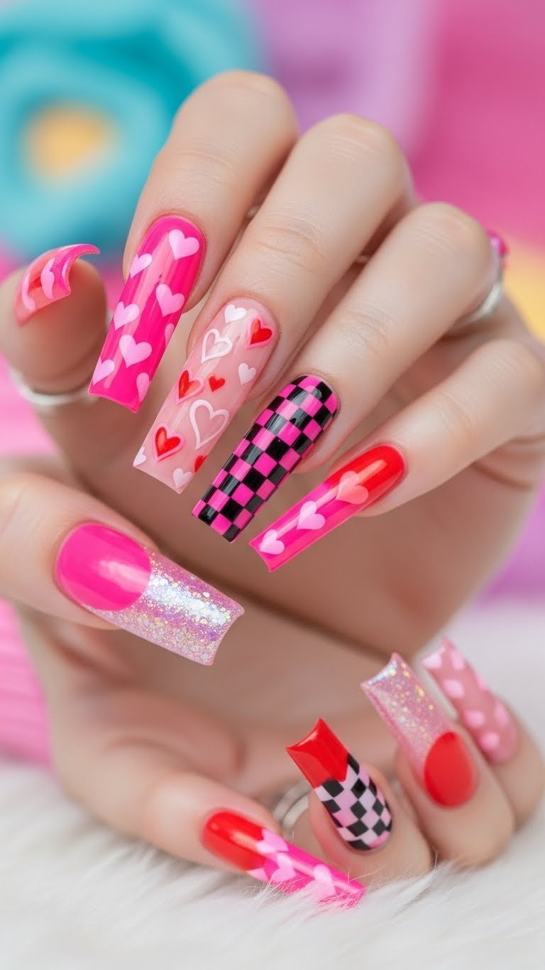Wide duck-shaped polygel nails in vibrant pink with Y2K glitter and heart patterns on reflective surface
