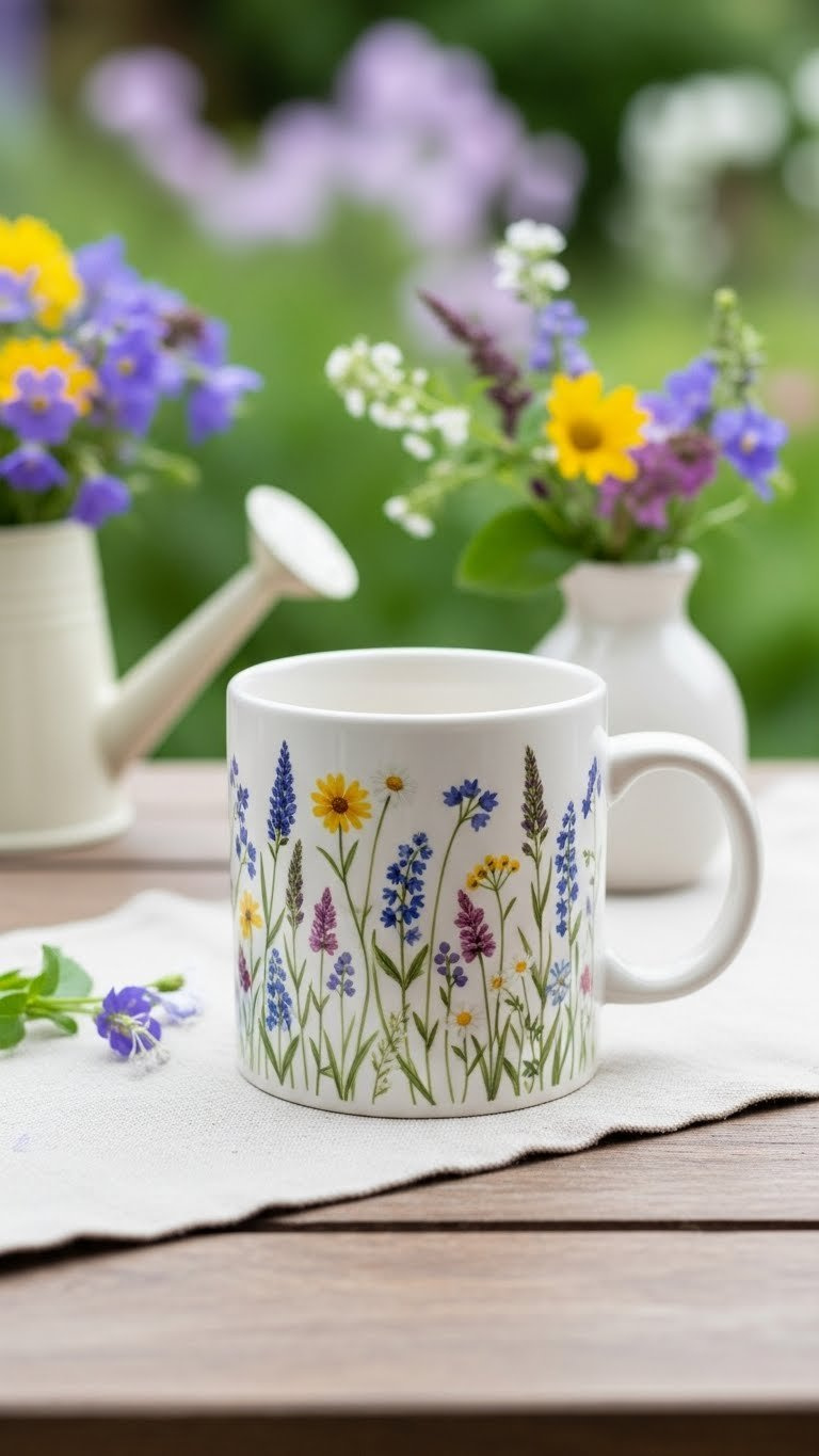 Wildflower meadow painted coffee mug on rustic wooden table with floral accessories and garden backdrop