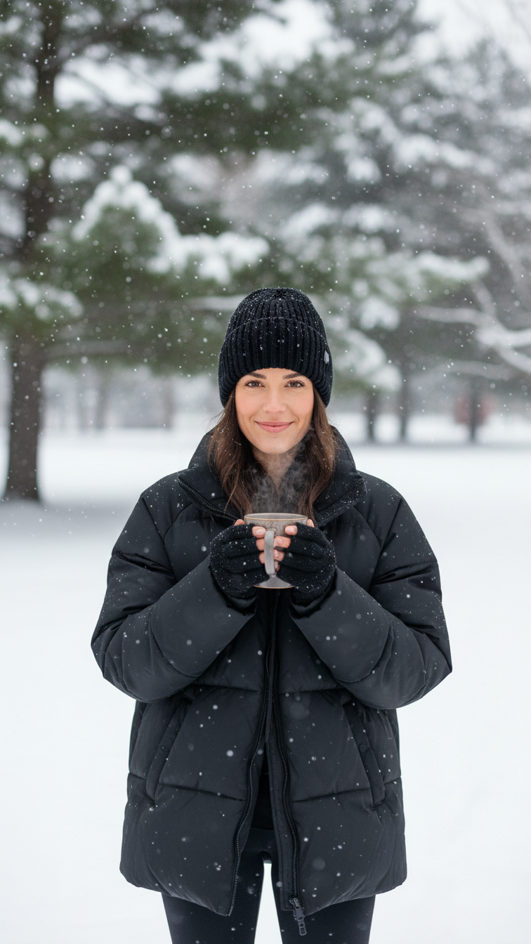 Winter fashion outfit with black puffer jacket and beanie in snowy park setting featuring Ugg Tasman slippers