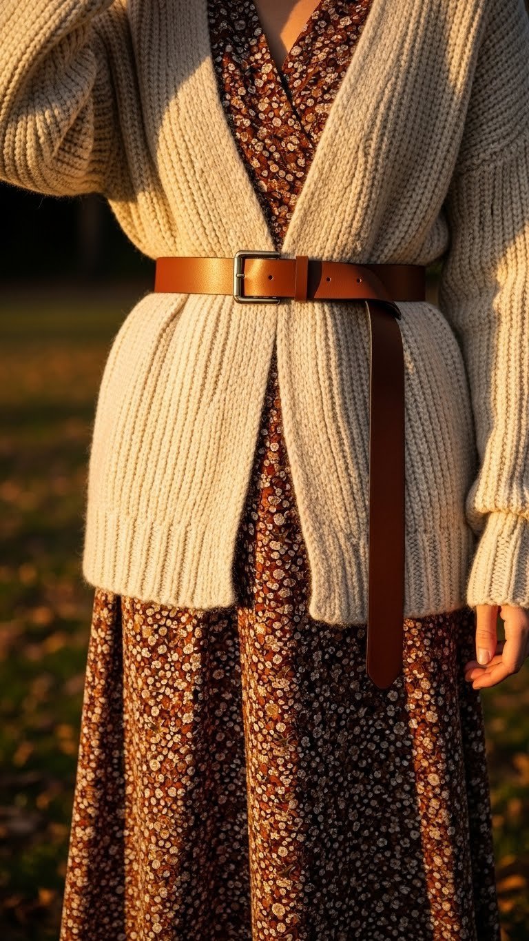 Winter layered outfit with cream knit cardigan over floral dress cinched with brown leather belt