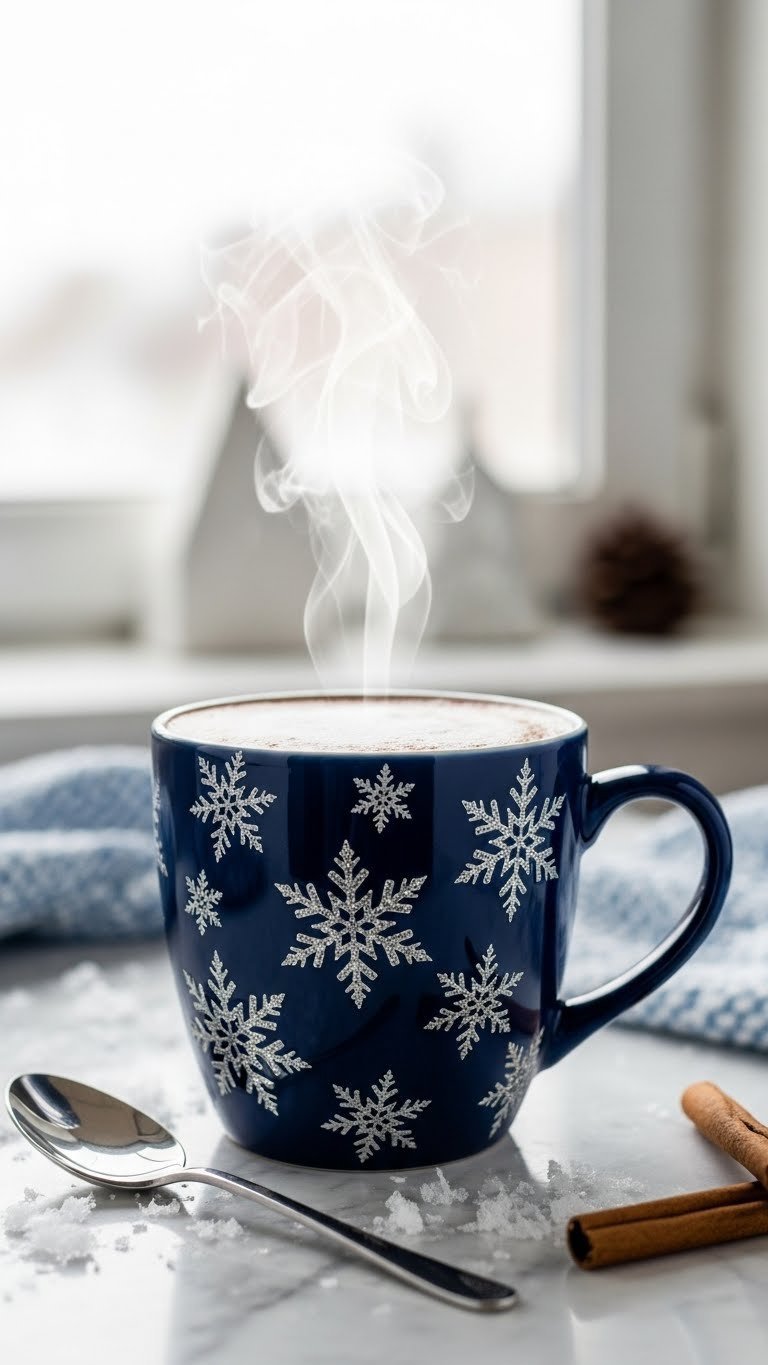 Winter wonderland mug with intricate white snowflake designs on dark blue ceramic against marble countertop