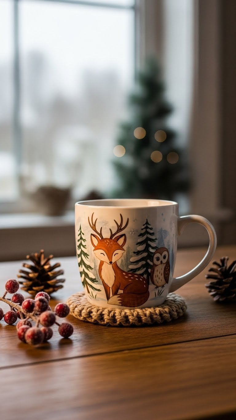 Winter woodland animals ceramic mug with fox and pine trees design on rustic wooden table with cozy golden hour lighting.