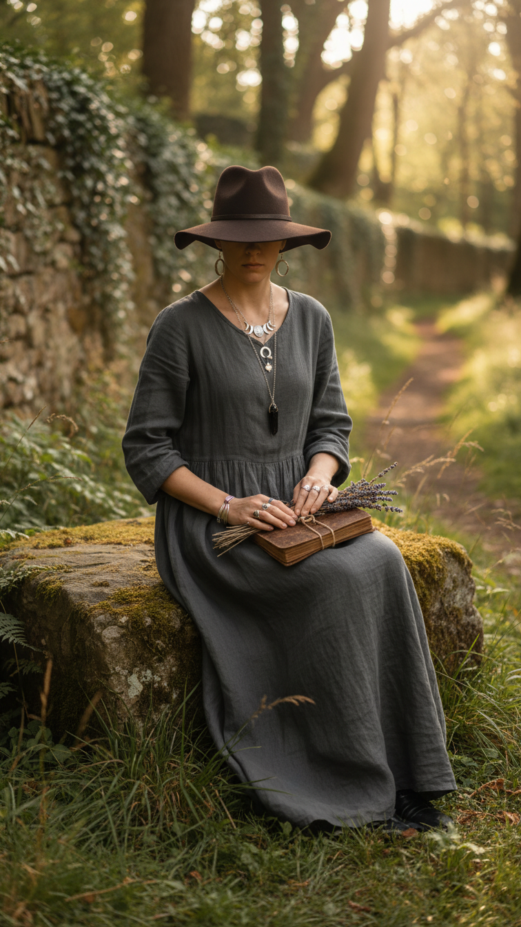 Witchy boho alternative outfit with flowing dark maxi dress and mystical silver jewelry in enchanted forest setting