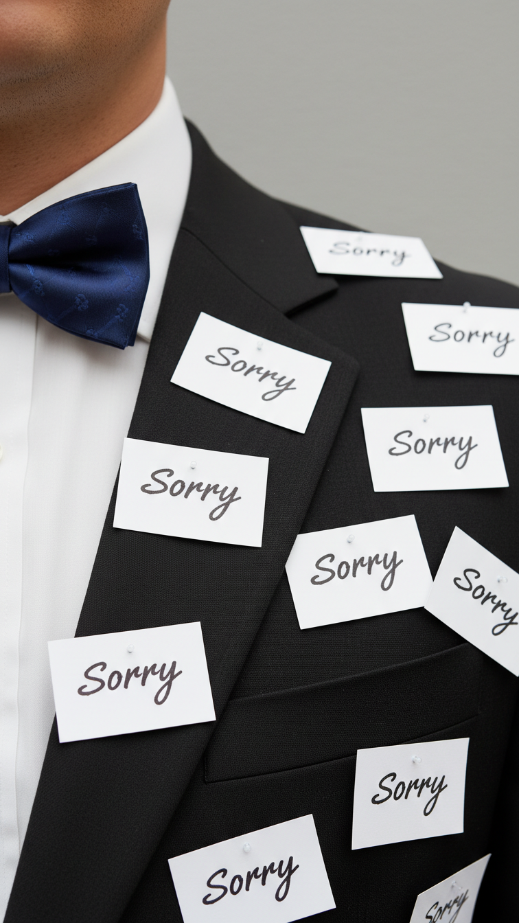 Witty formal apology costume with black suit jacket covered in 'Sorry' cards and bowtie detail.