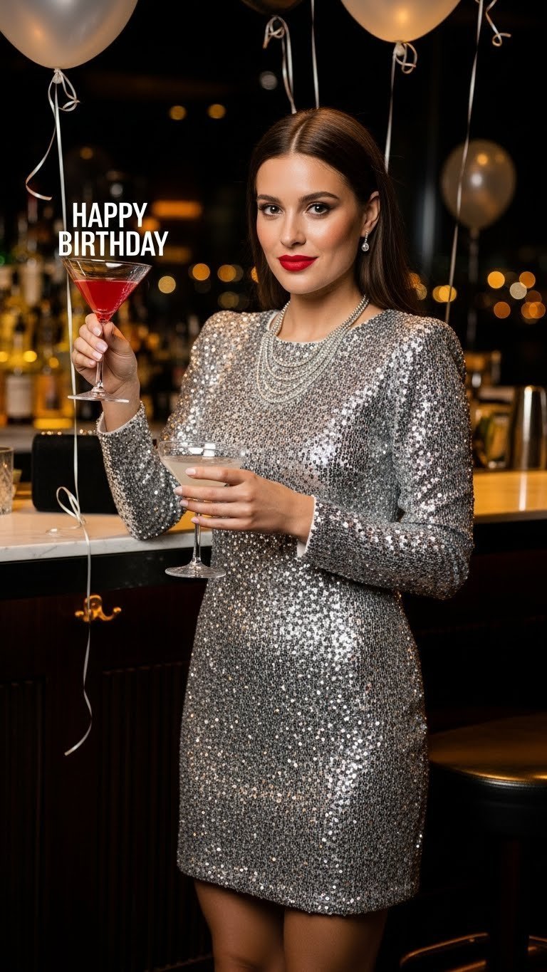 Woman celebrating birthday in shimmering silver sequin mini dress at upscale cocktail bar with ambient lighting