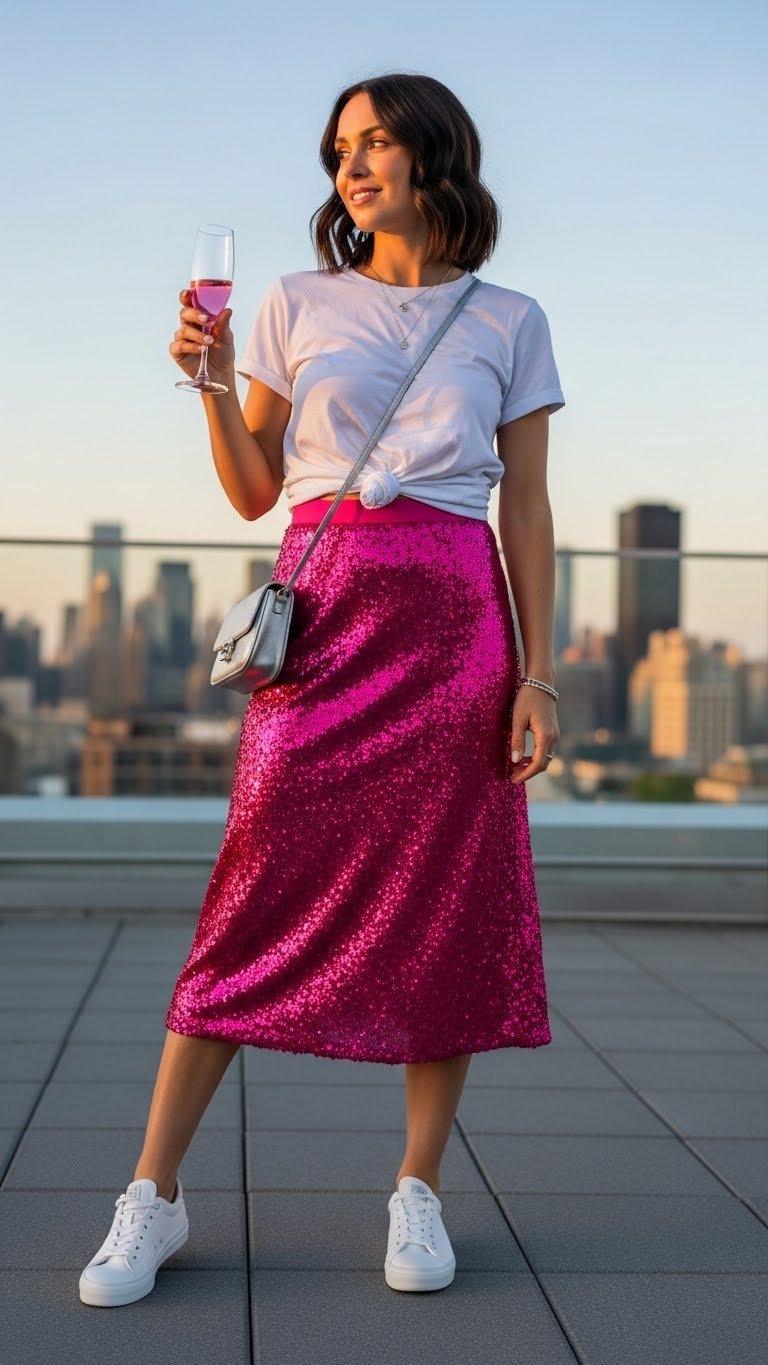 Woman celebrating in vibrant pink sequin skirt at chic rooftop bar during golden hour city views