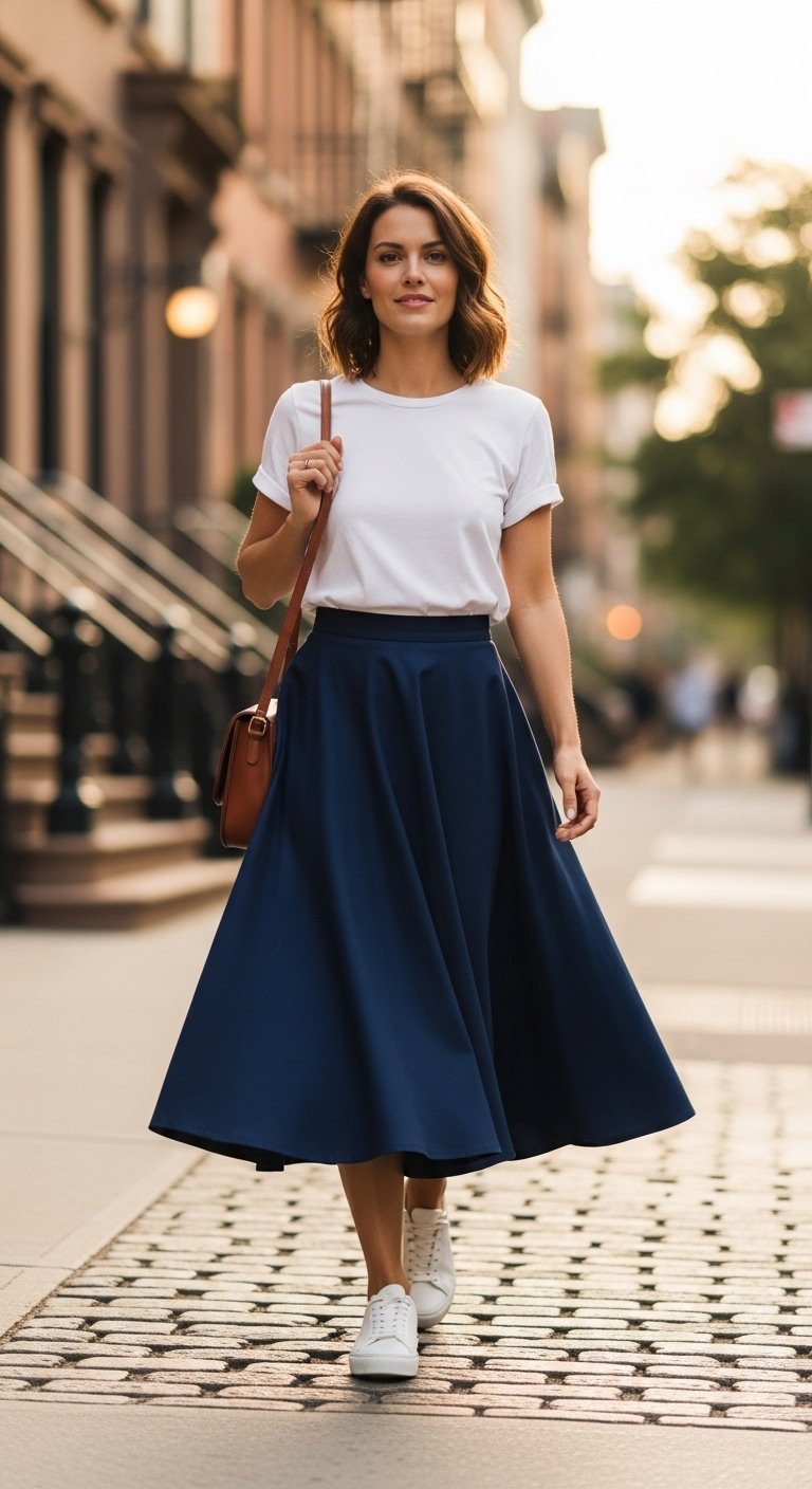 Woman confidently walking down sun-dappled city street wearing navy blue A-line midi skirt with white t-shirt and leather crossbody bag