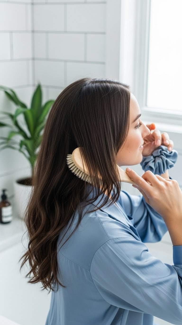 Woman gently brushing healthy butterfly haircut with soft-bristled brush for hair maintenance routine