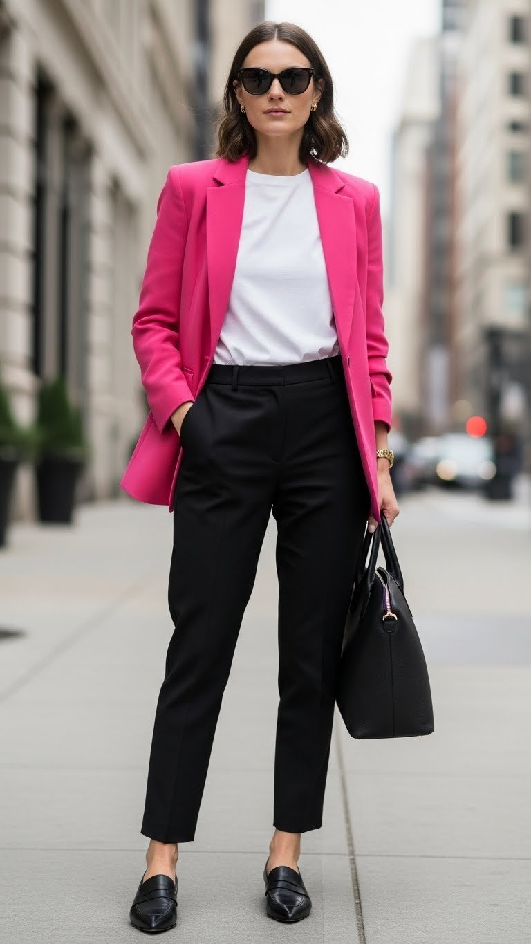 Woman in a hot pink blazer, white t-shirt, and black tailored trousers, for a chic city look.