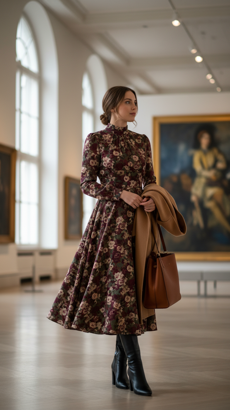 Woman in a modest floral high-neck long-sleeve dress, a Valentine's outfit, with ankle boots in an art gallery.