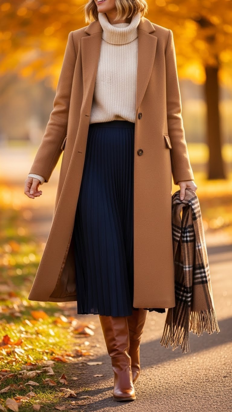 Woman in camel coat, navy skirt, cream turtleneck, brown boots, plaid scarf, in a park.