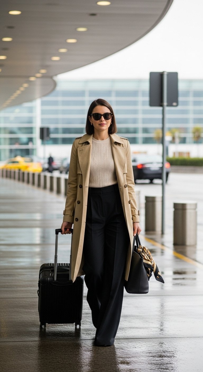 Woman in classic khaki trench coat and wide-leg trousers walking toward camera in airport drop-off area with suitcase
