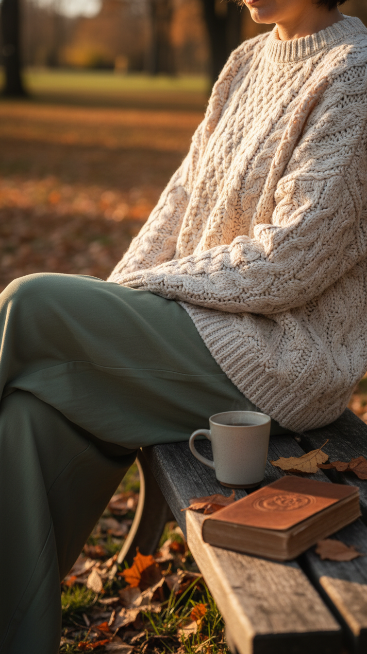 Woman in cream cable-knit sweater with olive green pants sitting on wooden bench in autumn park setting