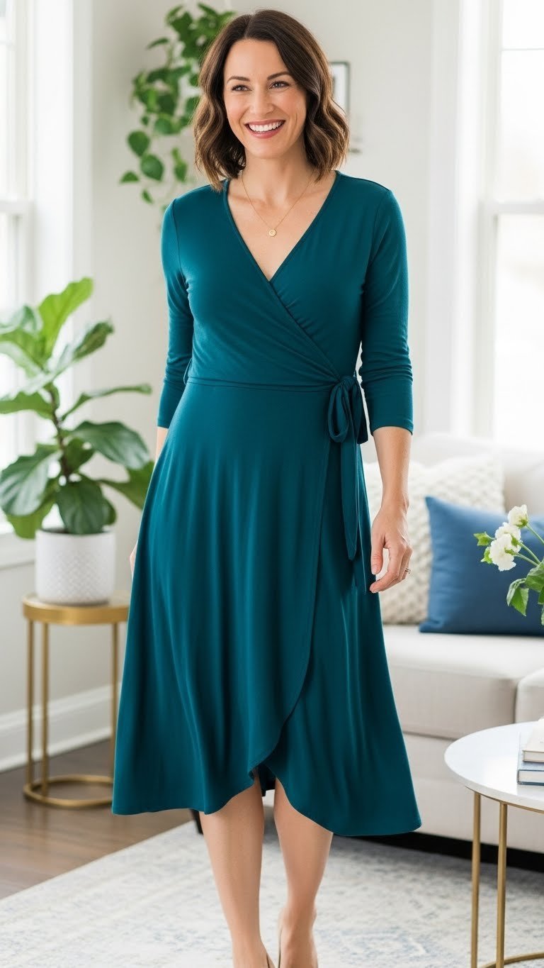 Woman in deep teal wrap dress standing in modern living room with gold necklace and nude pumps