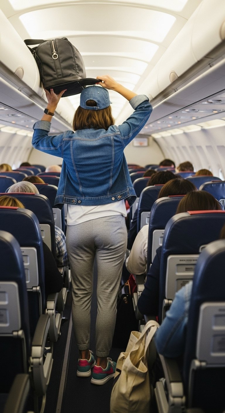 Woman in denim jacket and grey joggers putting carry-on bag into airplane overhead bin from behind view