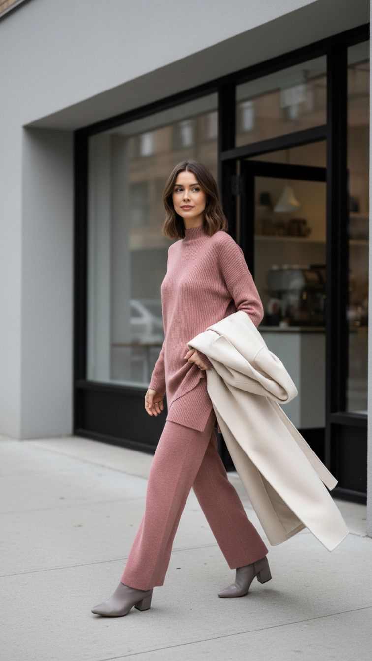 Woman in dusty rose knitted co-ord set walking out of urban coffee shop with wool coat.