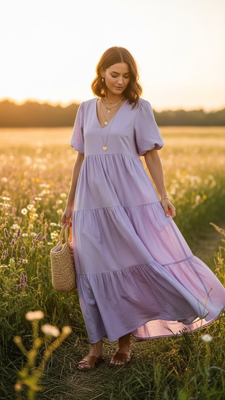 Woman in flowy lavender maxi dress walking through sun-drenched wildflower field during golden hour