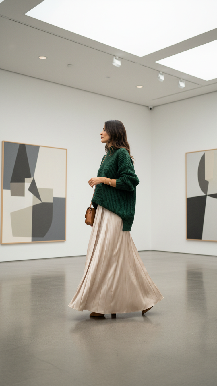 Woman in forest green chunky knit sweater and champagne satin maxi skirt walking through art gallery.