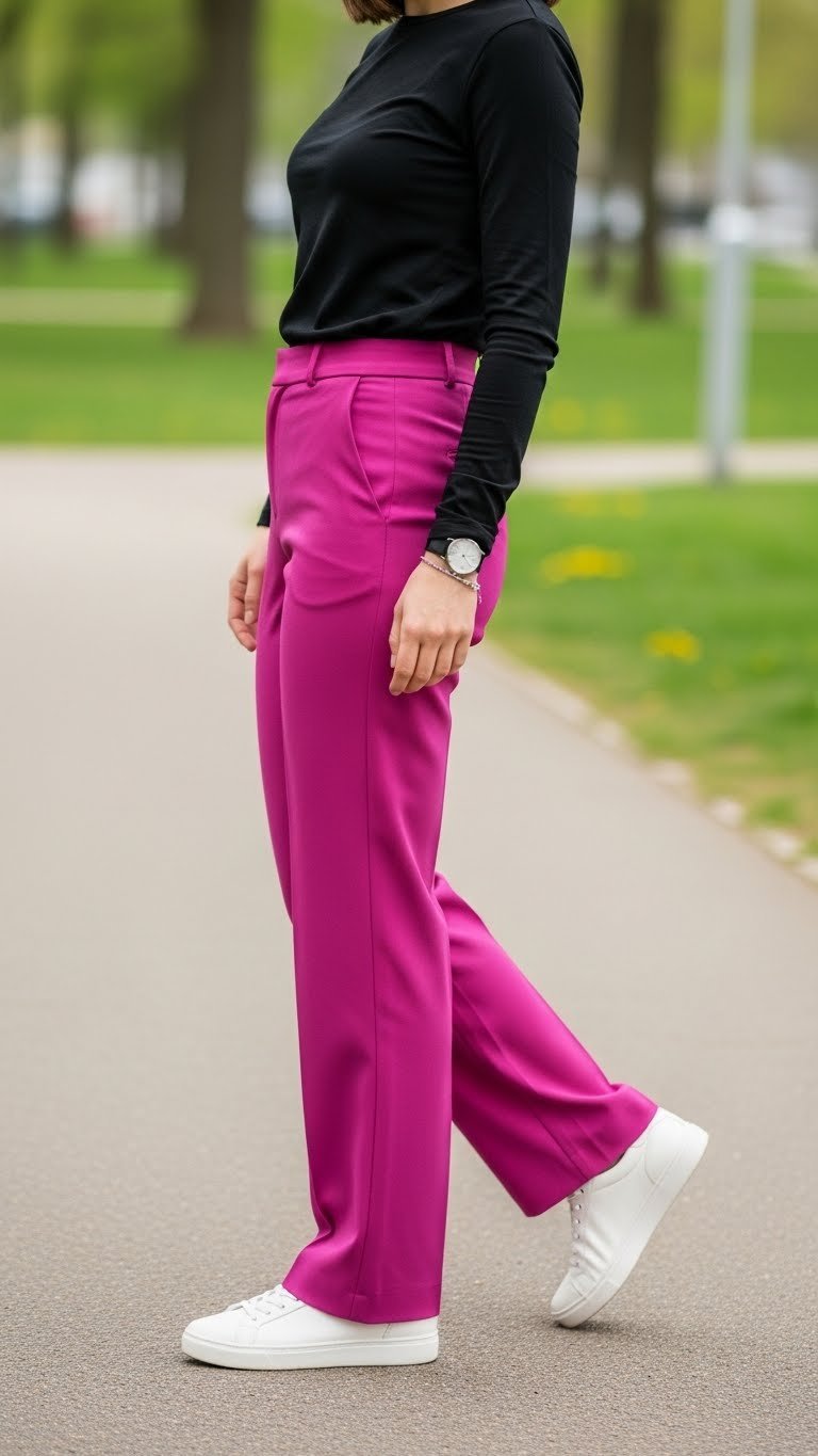 Woman in fuchsia trousers with black top walking through urban park wearing white sneakers and silver watch