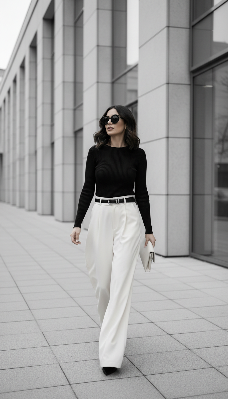 Woman in high-waisted cream wide-leg trousers and black ribbed top walking on modern city sidewalk with sunglasses.