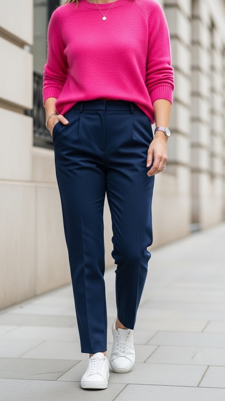 Woman in hot pink sweater, navy trousers, white sneakers, silver watch, urban setting.