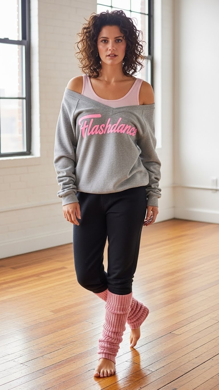 Woman in iconic Flashdance-inspired off-the-shoulder sweatshirt stretching in loft-style apartment setting
