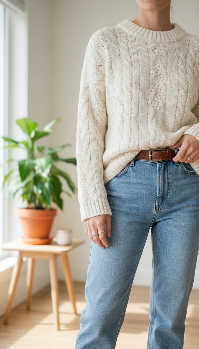 Woman in ivory cable-knit sweater and light-wash jeans in bright minimalist home setting with window light