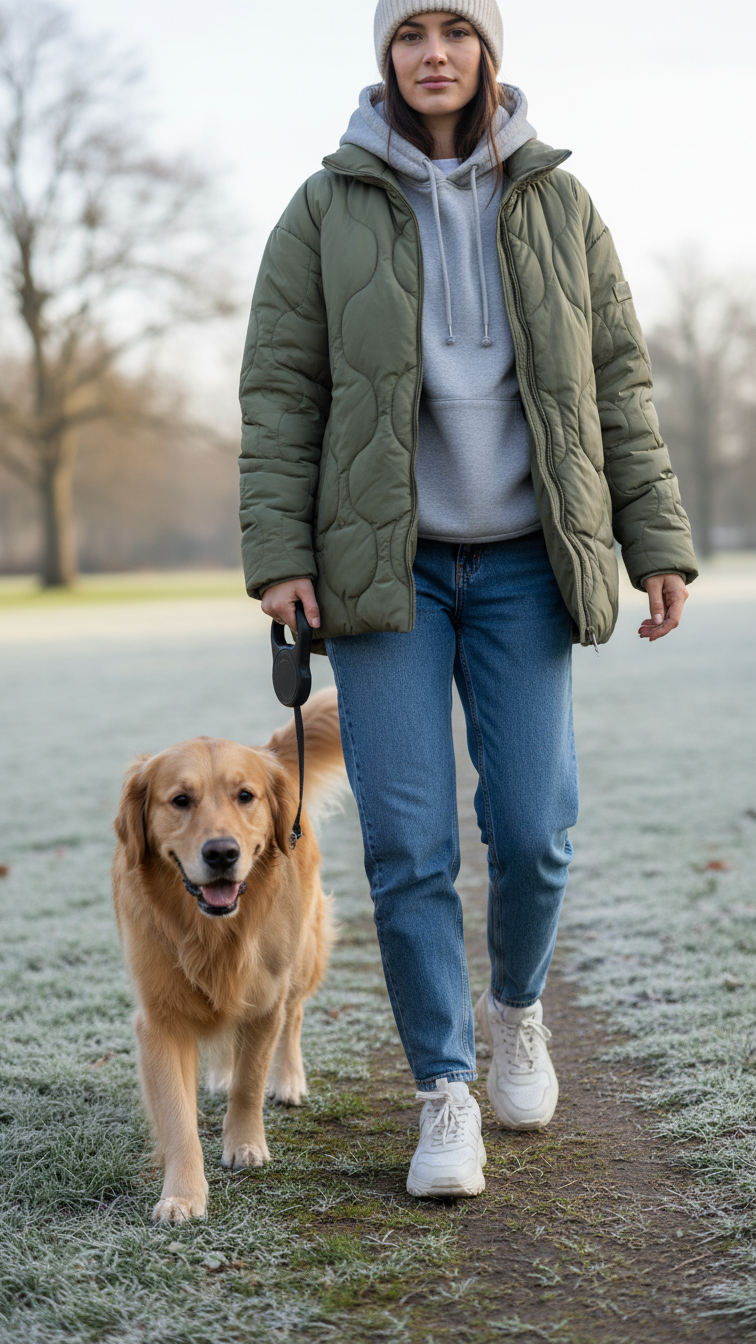 Woman in khaki green puffer jacket walking dog in park wearing beanie and chunky sneakers.