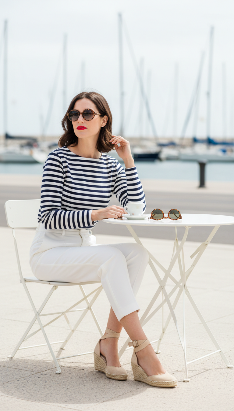 Woman in navy and white Breton shirt with white trousers sitting at seaside cafe with espadrilles and sunglasses.
