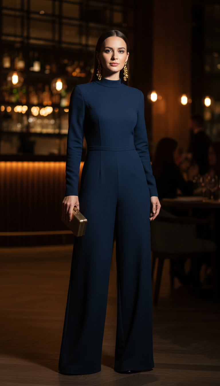 Woman in navy blue wide-leg jumpsuit holding metallic clutch in upscale restaurant with dramatic side lighting.