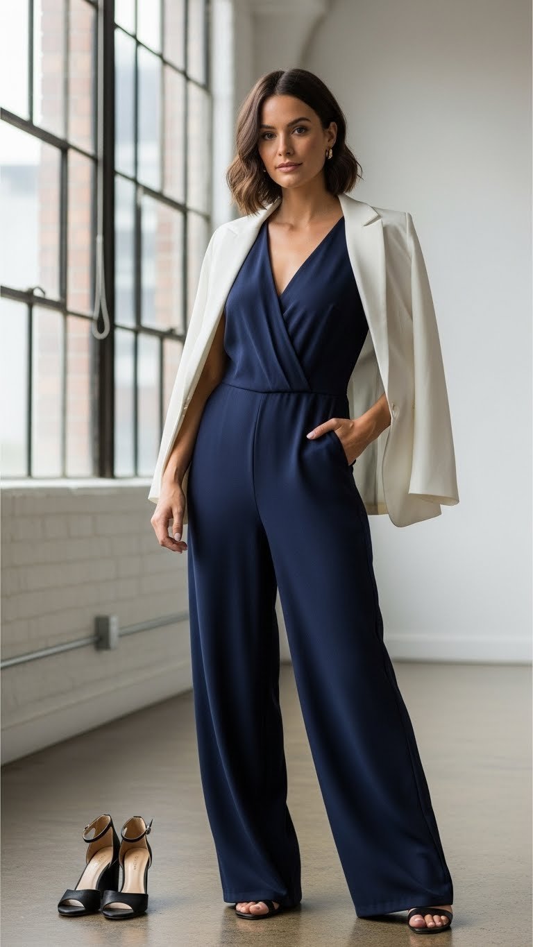 Woman in navy jumpsuit, white blazer, and block heels, displaying modern, minimalist style.