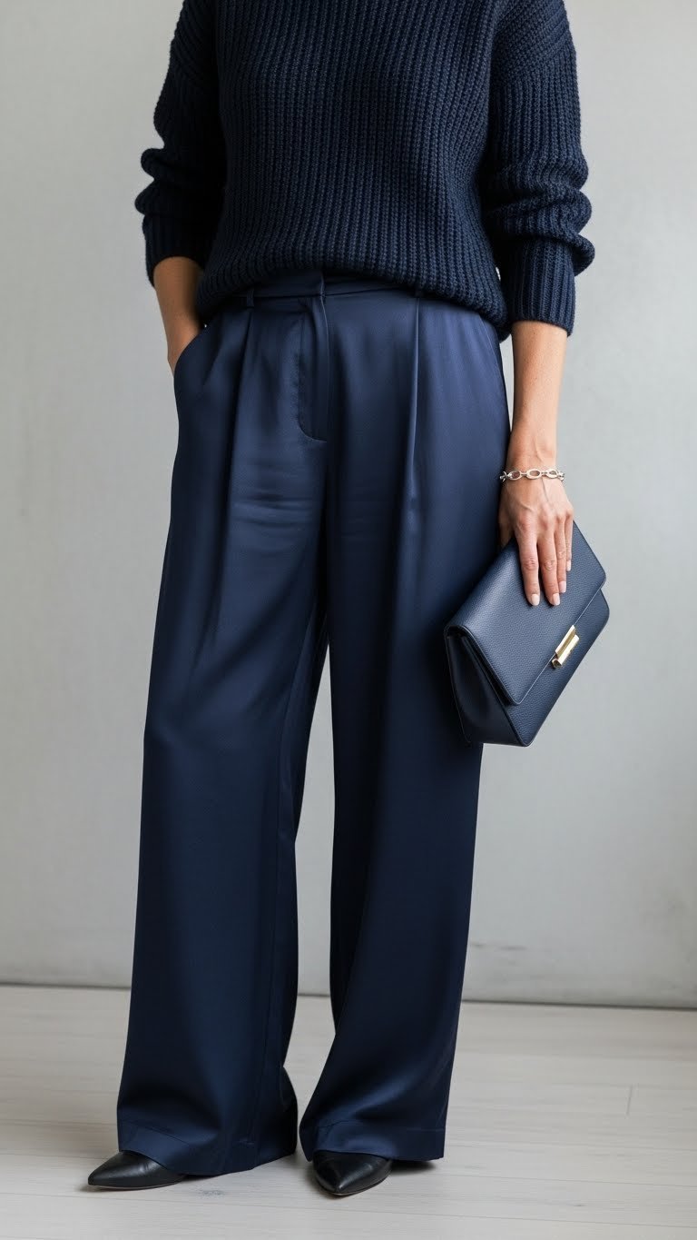 Woman in navy knit sweater, silk trousers, silver bracelet, and navy clutch, showcasing elegant style.