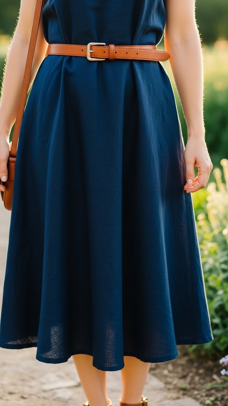 Woman in navy linen dress, brown leather belt, bag, and sandals, in sunlit garden.