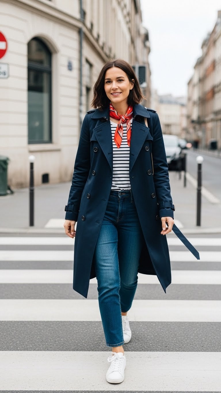 Woman in navy trench coat, striped shirt, jeans, red scarf, white sneakers, in European city.