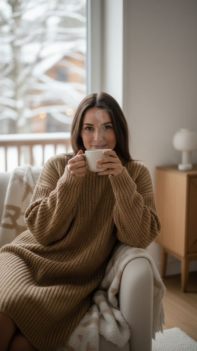 Woman in oatmeal ribbed knit sweater dress sitting in armchair by window holding ceramic mug.