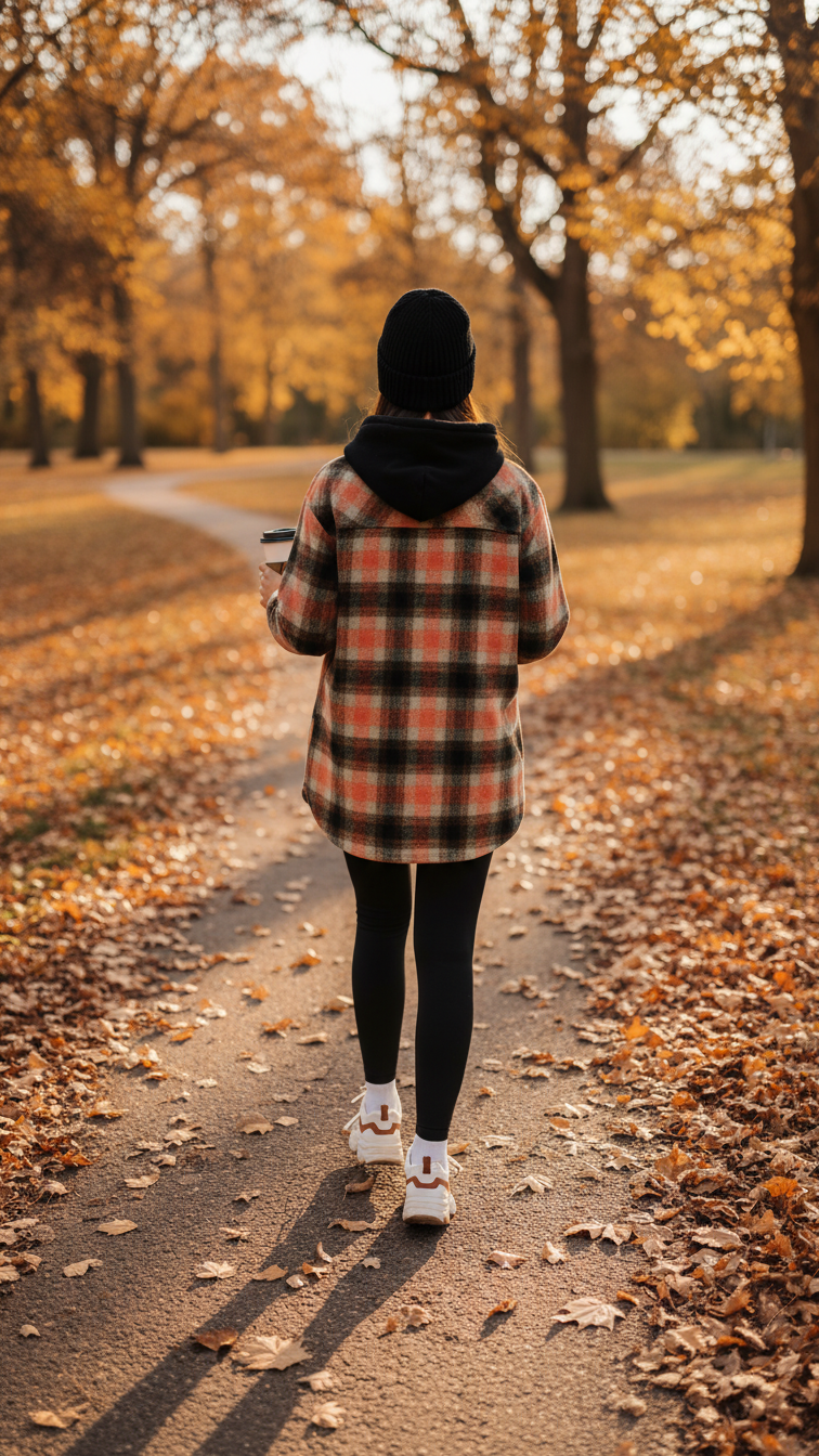 Woman in plaid shacket walking through autumn leaves holding coffee cup with beanie and sneakers.