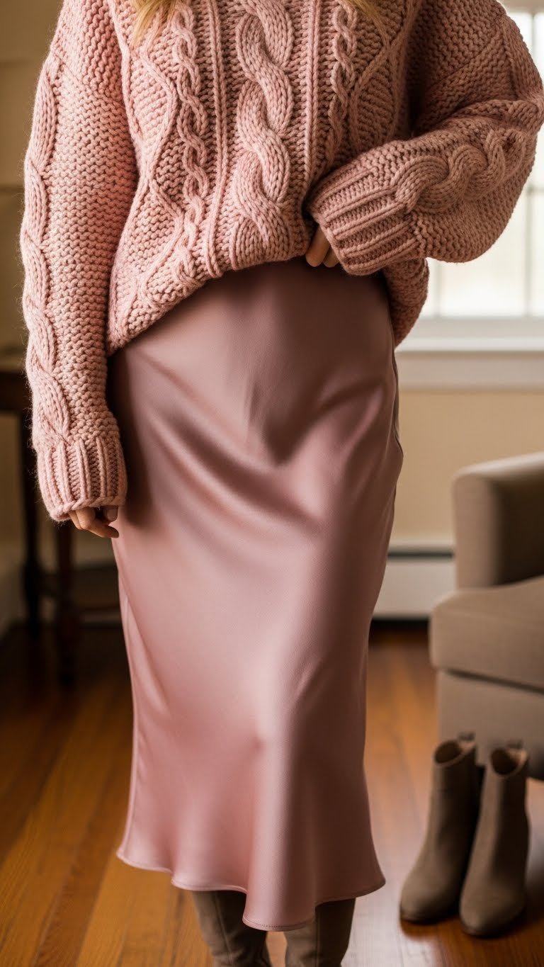 Woman in soft pink chunky cable-knit sweater and sleek satin slip skirt, for fall style.