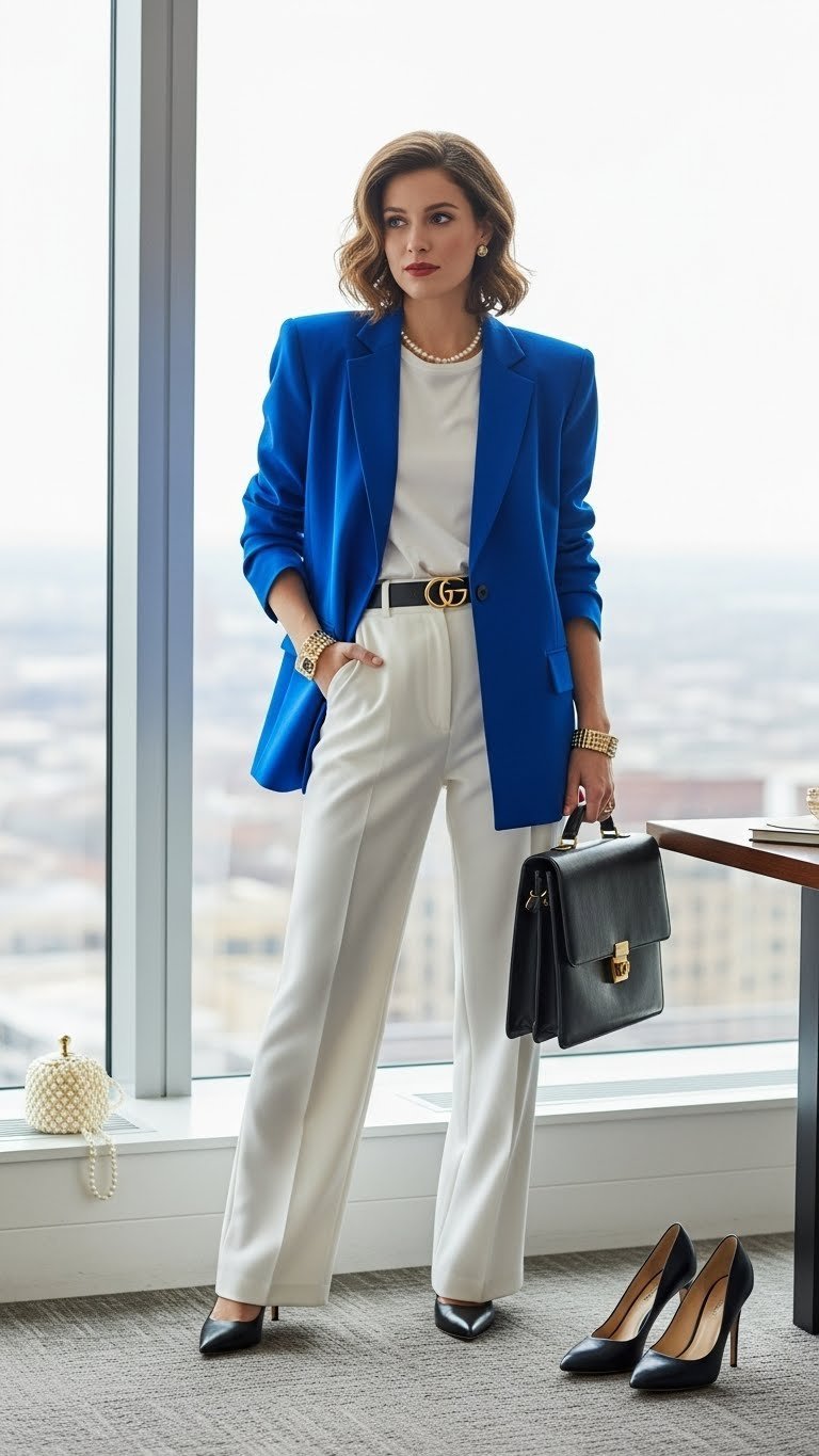 Woman in sophisticated 80s power suit with exaggerated shoulder pads in minimalist office setting