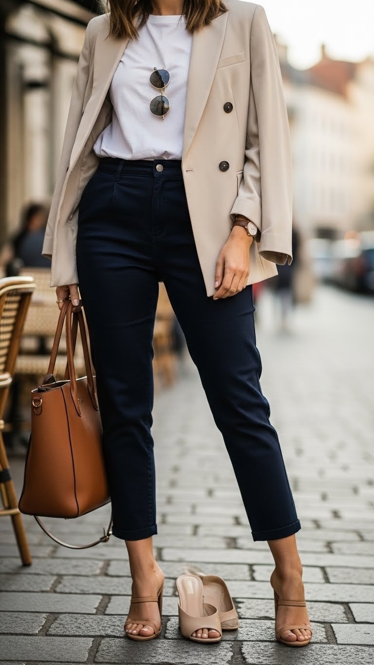 Woman in tailored dark wash jorts with white t-shirt and cream blazer at outdoor cafe with leather tote bag and heeled mules