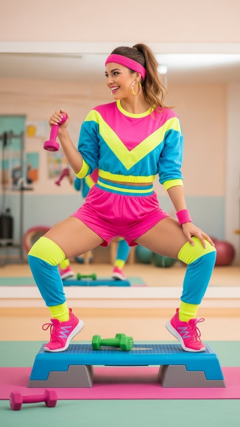 Woman in vibrant 80s aerobics outfit performing energetic pose on colorful floor mat in retro gym setting