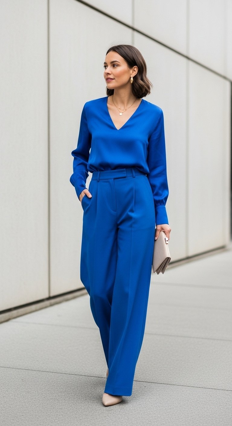 Woman in vibrant cobalt blue monochromatic silk outfit with fluid movement against minimalist urban backdrop