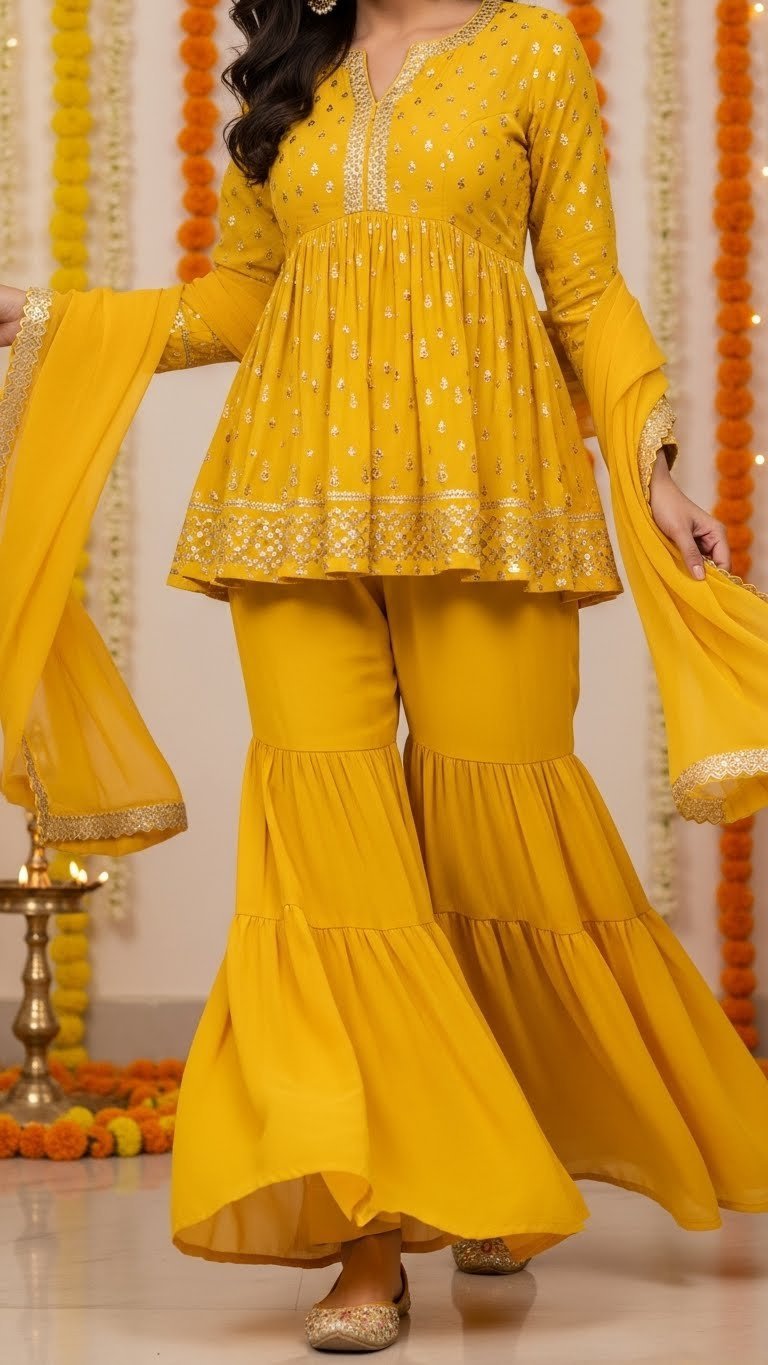 Woman in yellow georgette sharara pants with matching peplum kurti in festive setting